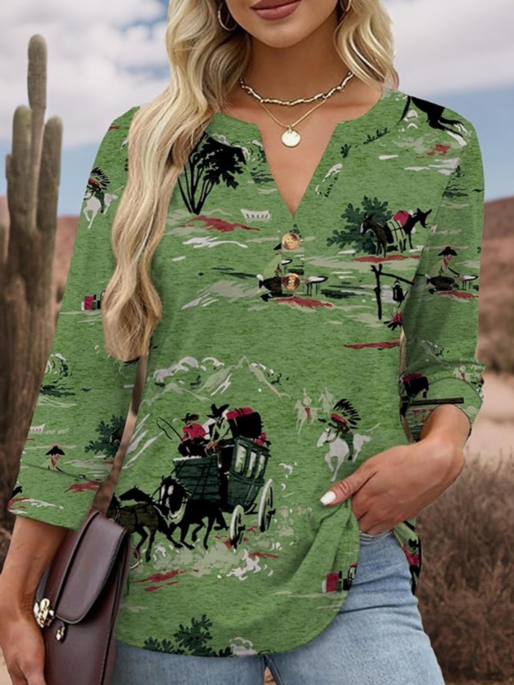 Green Western Print Henley Top  henley top with a western stagecoach and cowboy